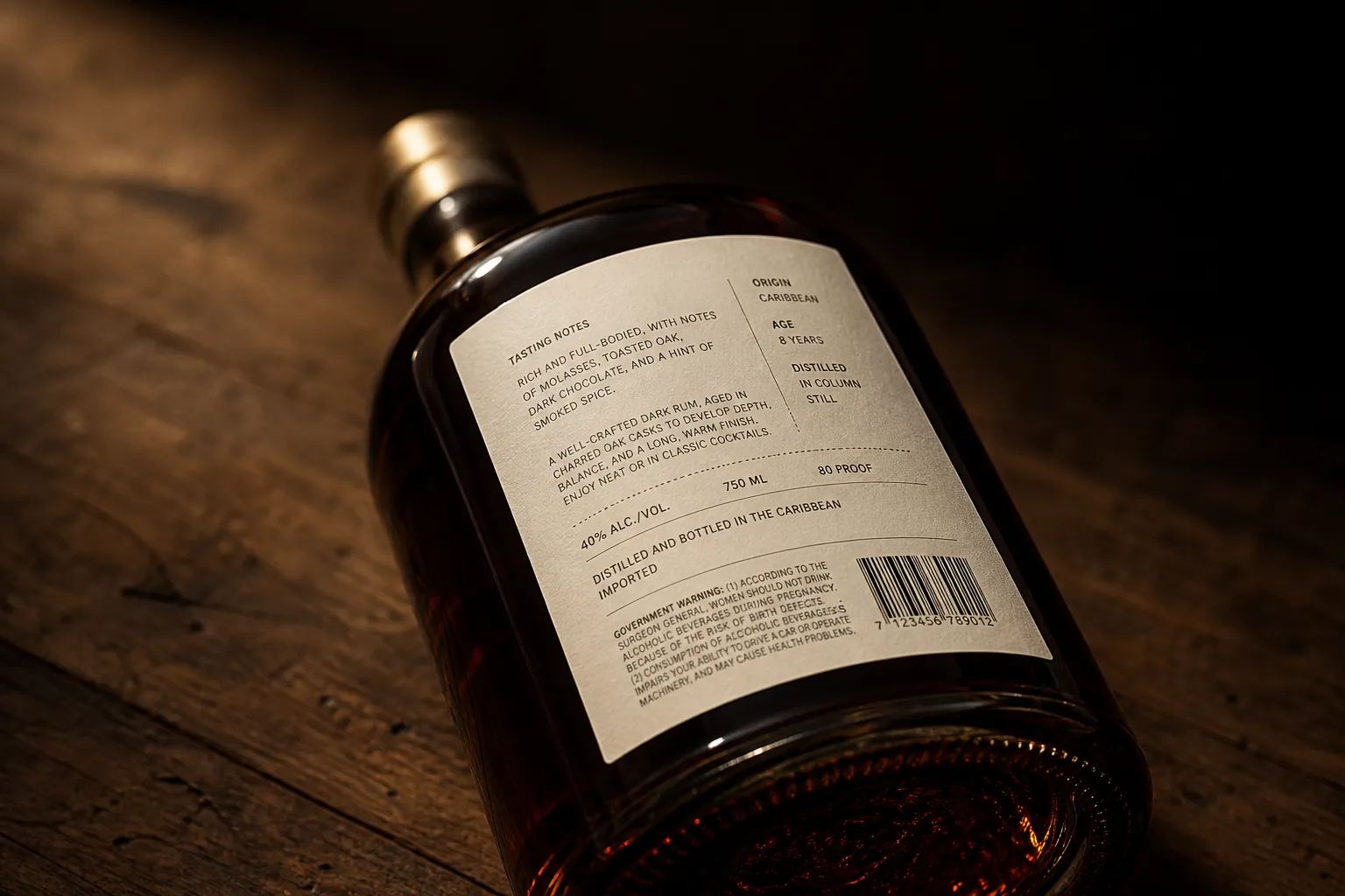 The back label of a rum bottle, lying on a wooden table