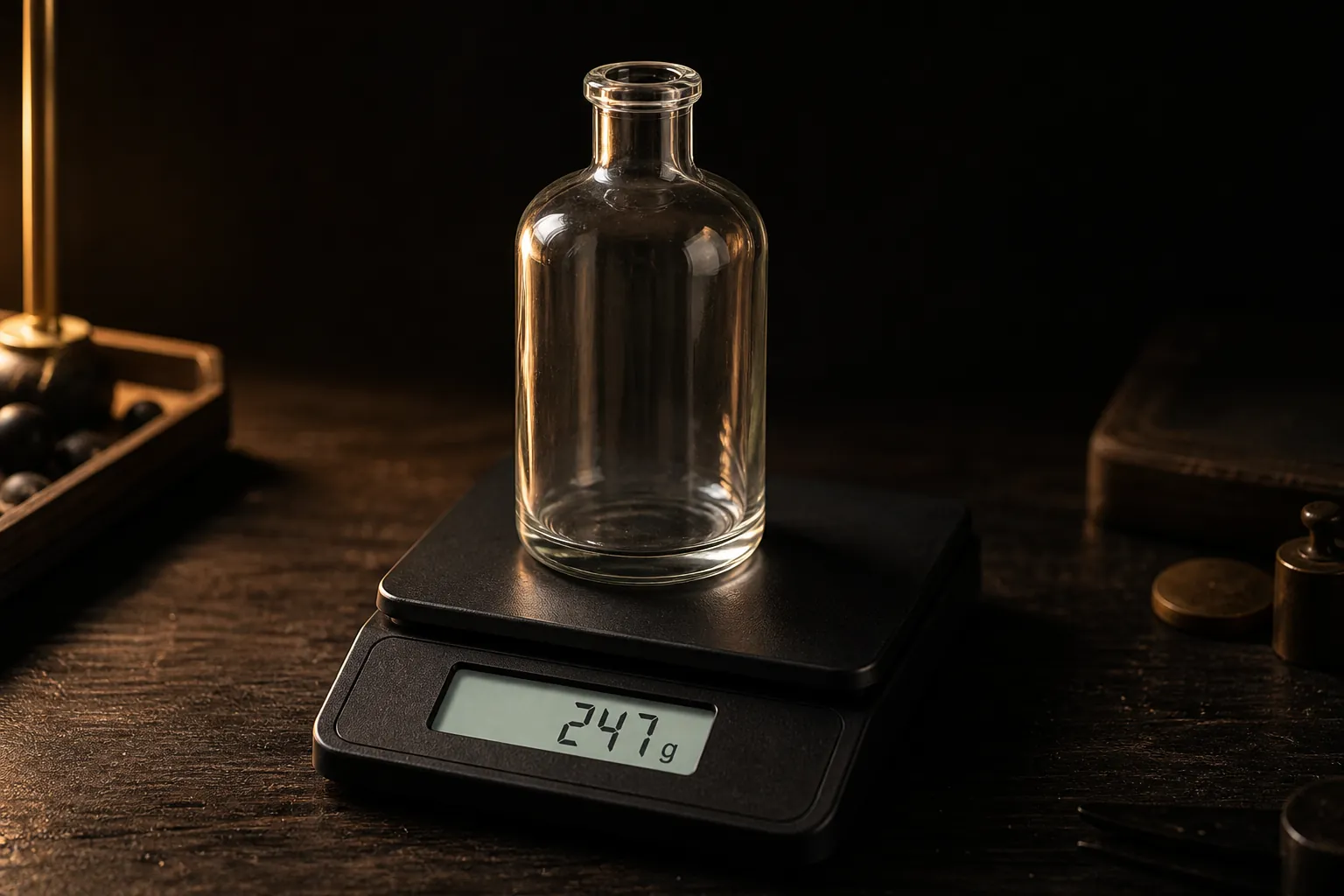 An empty bottle on a scale, its weight shown in grams