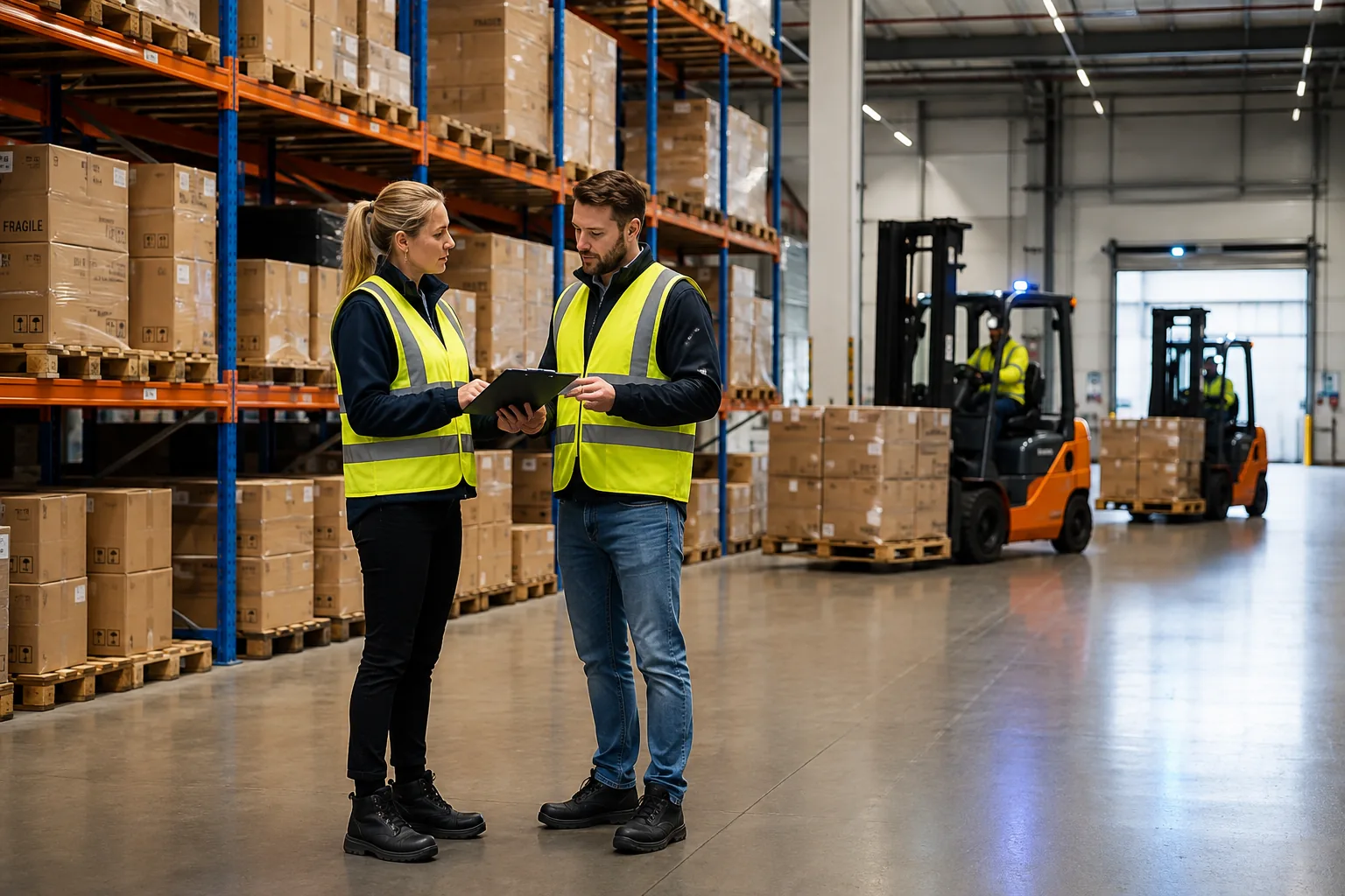 Warehouse team checking a pallet against the paperwork